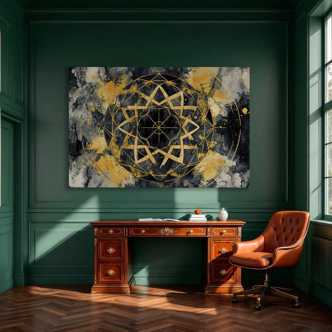 Framed Wall Art: Abstract geometric design in gold, black, and gray. Modern canvas print for dining room decor. Elevate your space with stylish art!