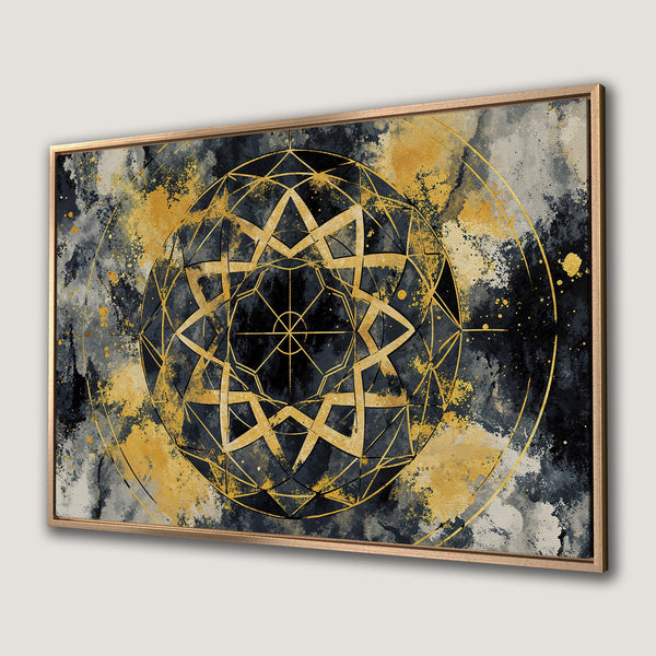 Framed Wall Art: Geometric abstract design in gold, black, and gray. Modern Canvas Print for a stylish interior.