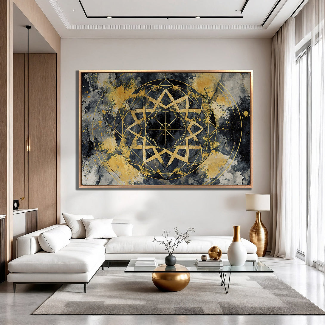 Framed Wall Art: Abstract geometric design in gold, black, and gray. Modern art canvas print adds elegance to any living room. Shop now!