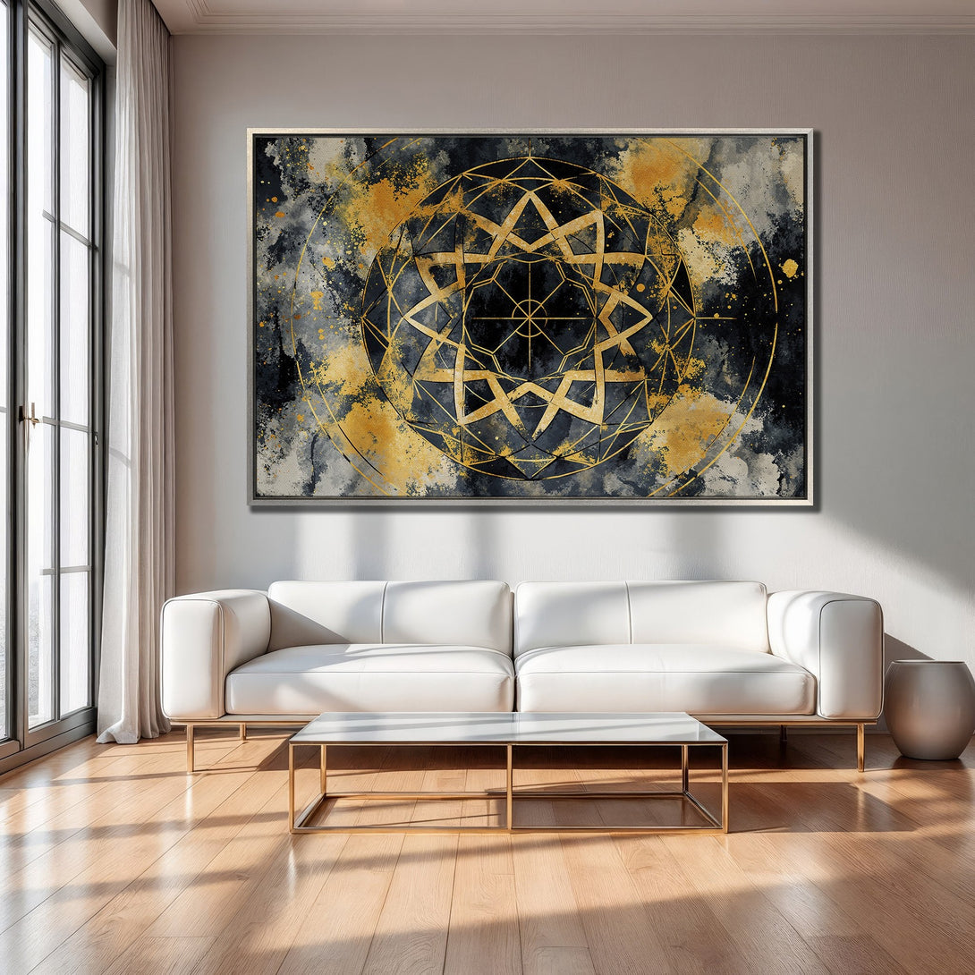Framed Wall Art featuring a geometric gold design on a dark, abstract background. Modern art with a black, gold, and gray color palette.