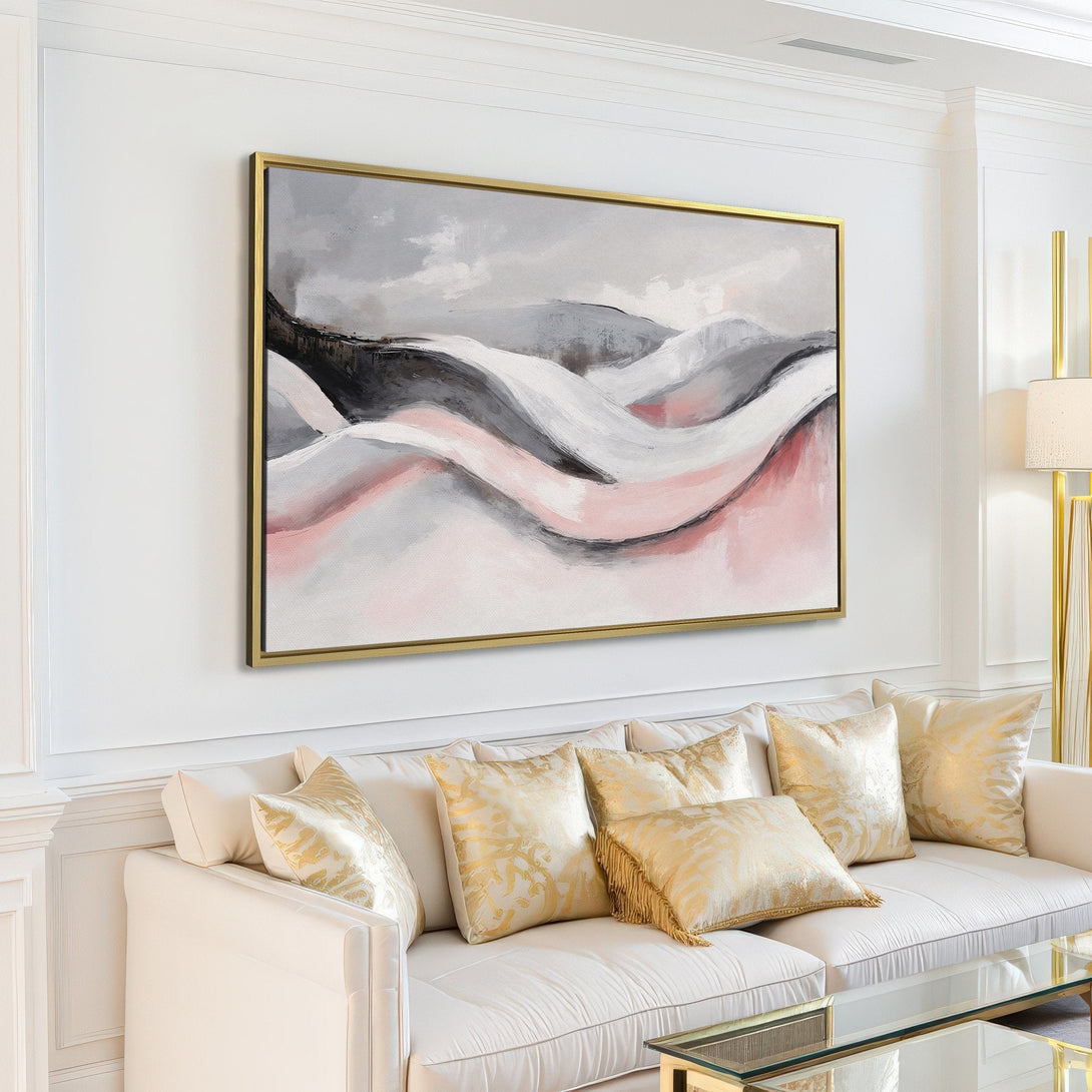 Abstract landscape Canvas Print in a modern living room. Features a neutral palette with pink and gray tones, bringing a touch of elegance.