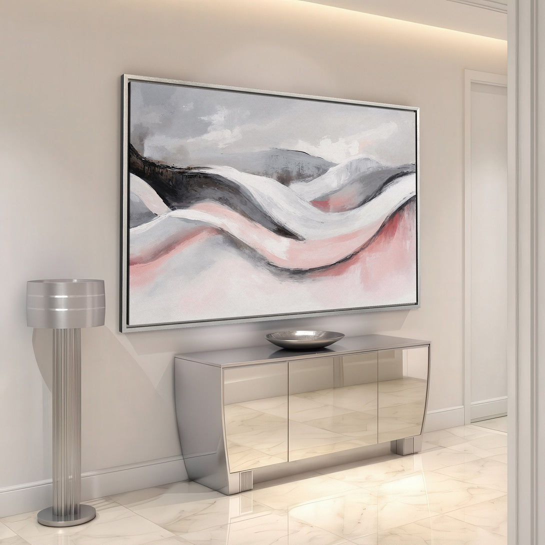 Framed Wall Art: Abstract landscape canvas print in gray, white, and blush pink tones. Modern art for home decor, adds a touch of elegance.