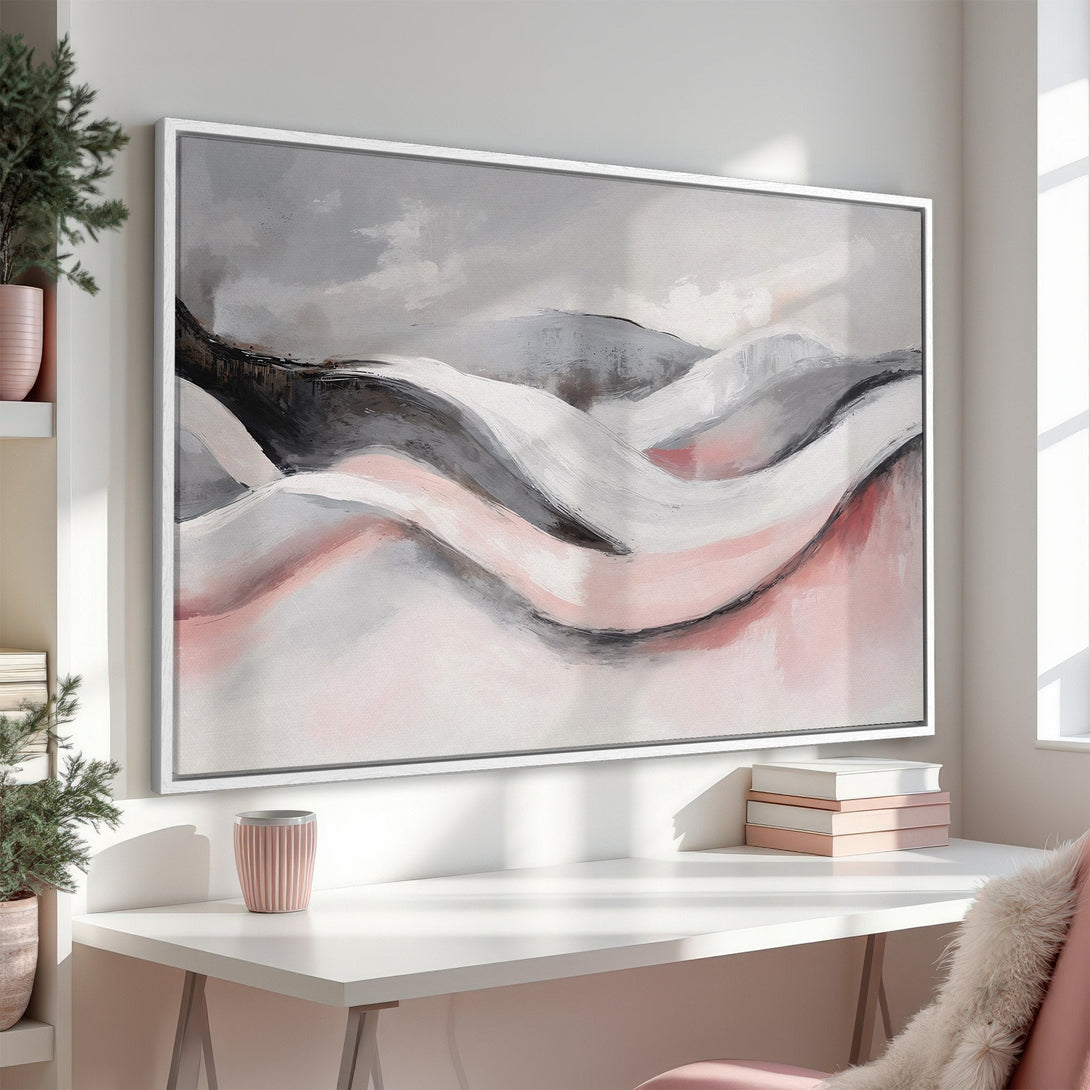 Framed Wall Art: Abstract landscape Canvas Print in neutral tones with blush pink accents. Modern art for your home decor.