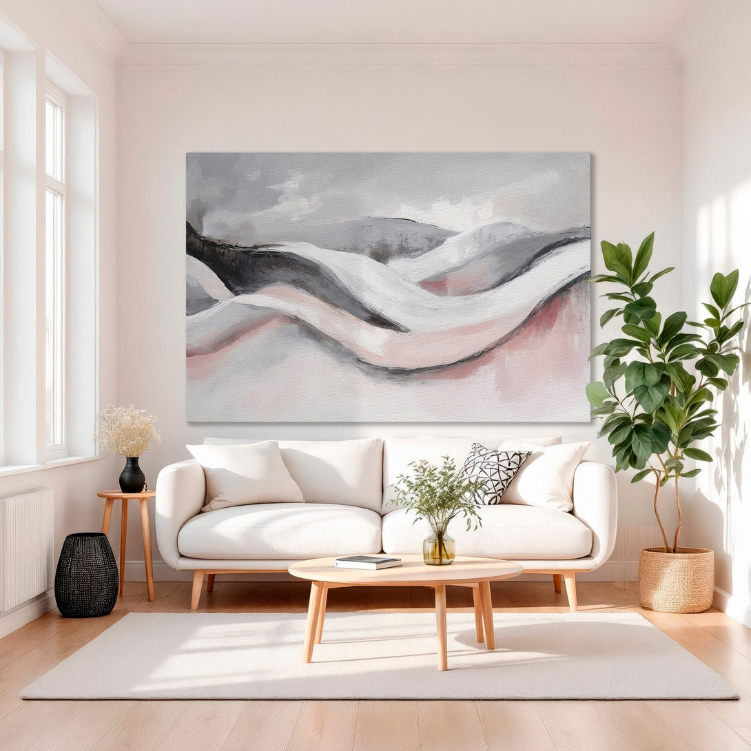 Framed Wall Art: Abstract landscape Canvas Print in neutral tones of gray, white, and blush pink. Modern art for a stylish living room.