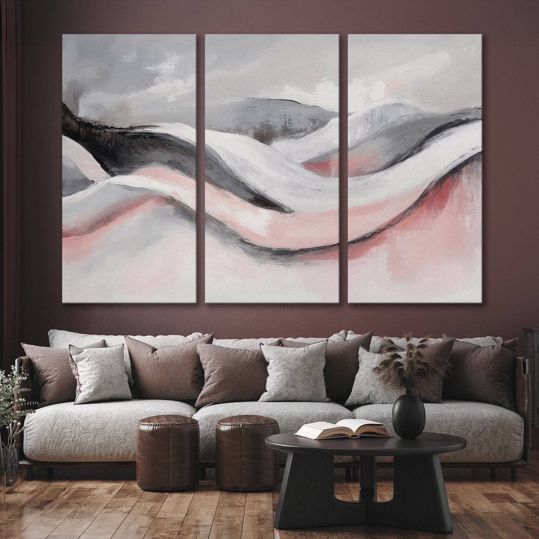 Abstract landscape Canvas Print in neutral gray, white, and blush pink tones. Modern art for living room decor.
