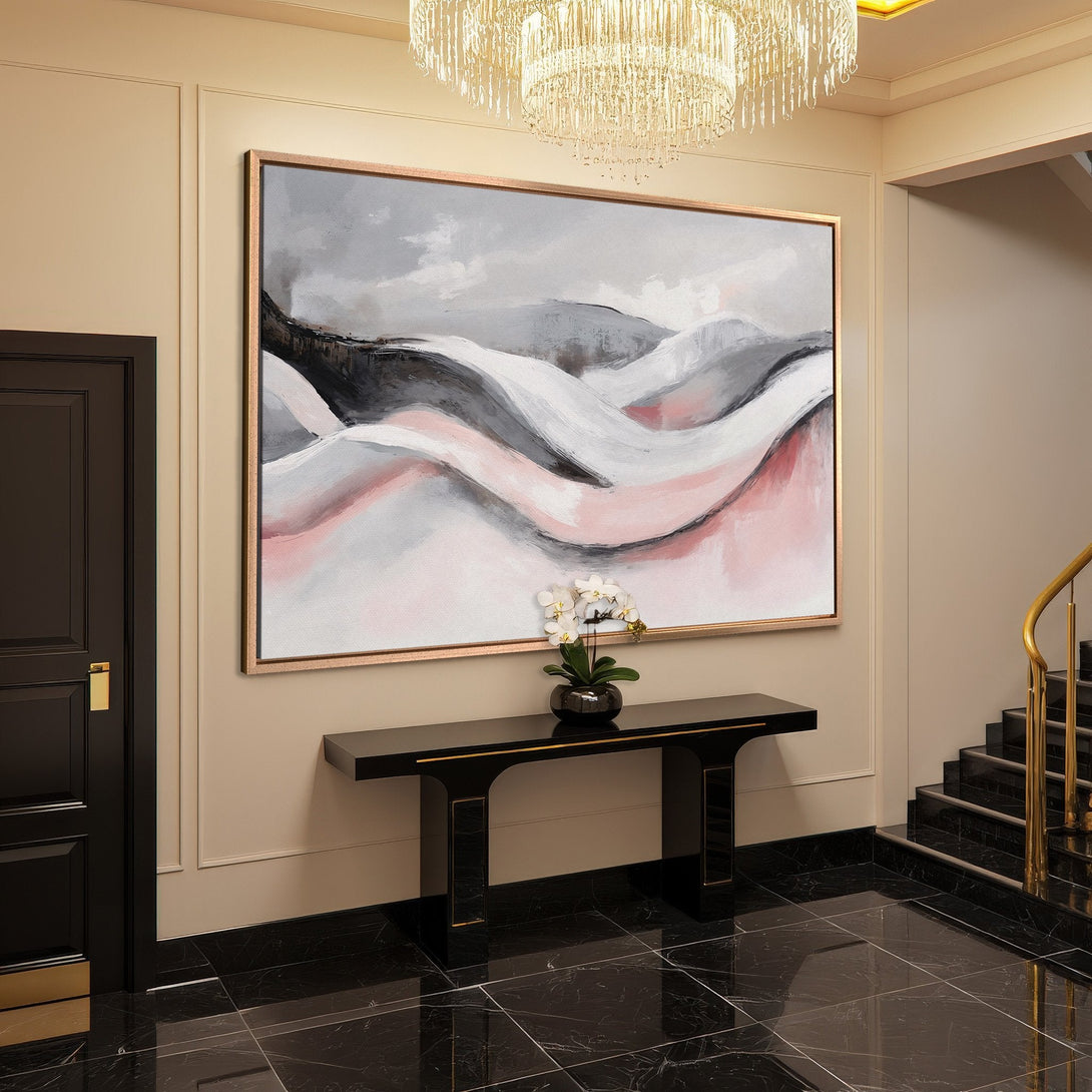 Framed Wall Art: Abstract landscape painting in gray, pink, and white. Modern art for elegant home decor.