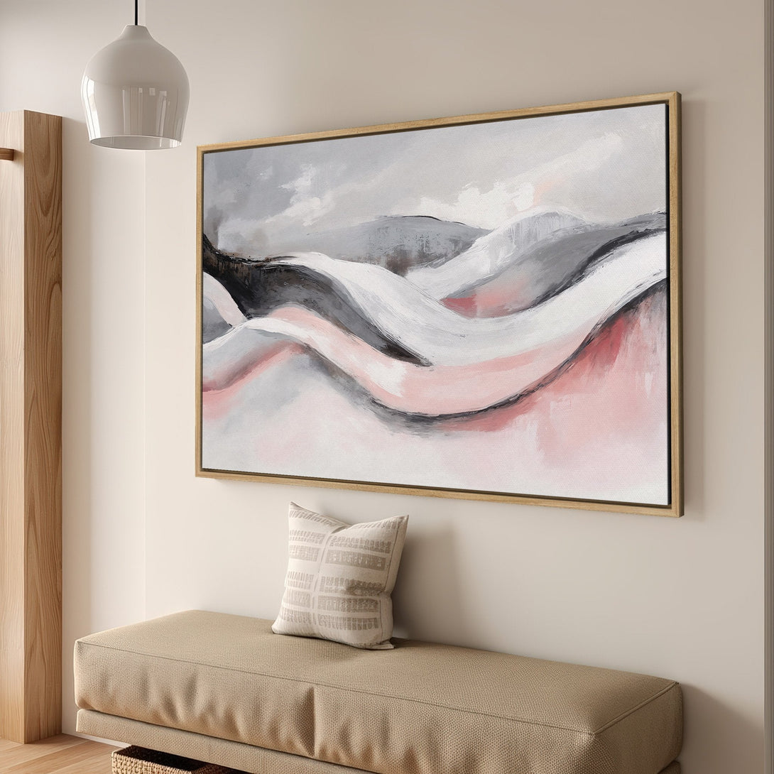 Framed Wall Art: Abstract landscape in soft pink, gray, and white. Modern art canvas print for a stylish interior.