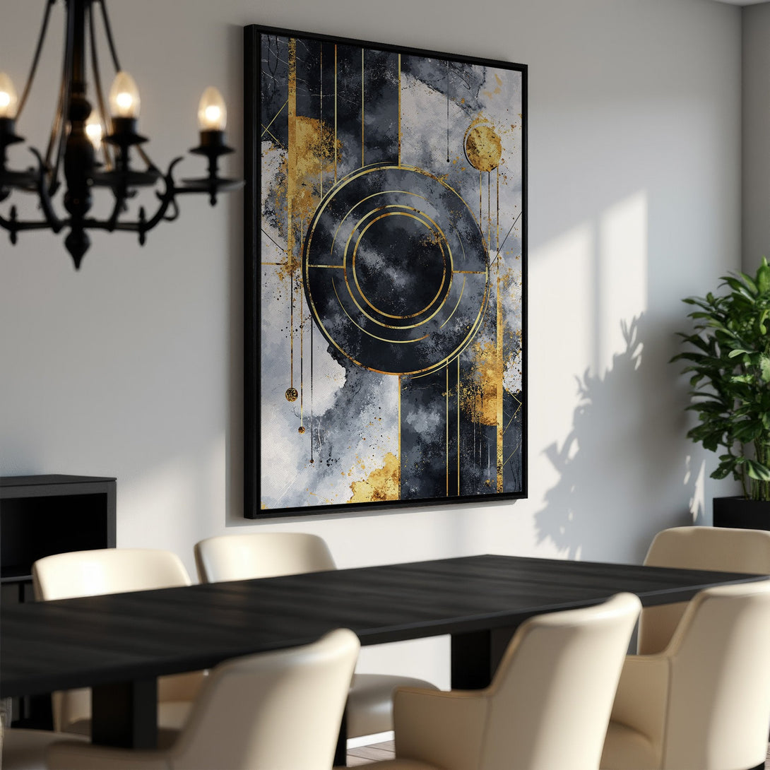Framed Wall Art: Abstract geometric design in black, gold, and gray. Modern art canvas print perfect for dining room decor.