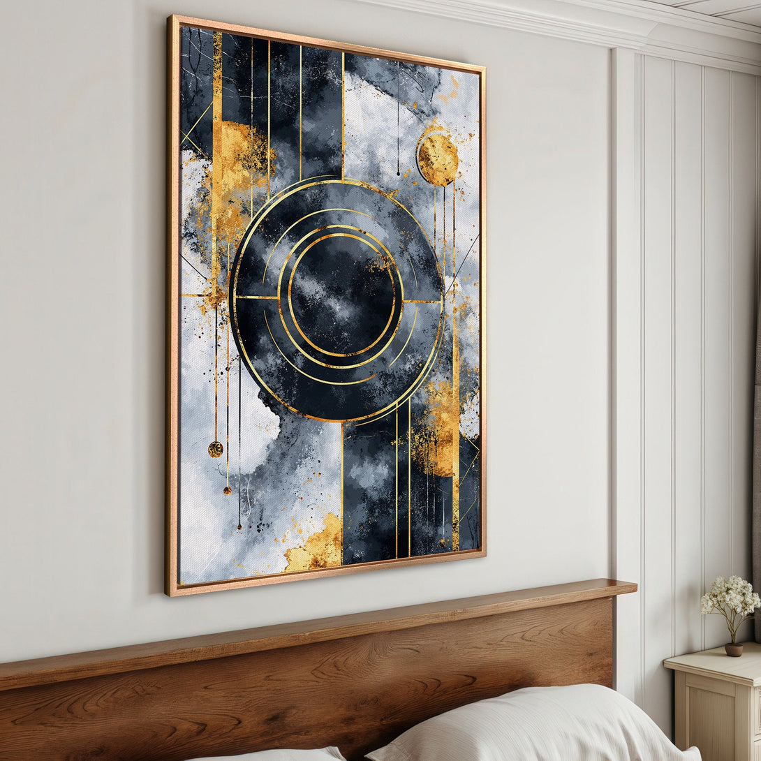 Framed Wall Art: Abstract art canvas print in navy, gold, and gray. Modern geometric design with a touch of luxury. Perfect for bedroom decor.