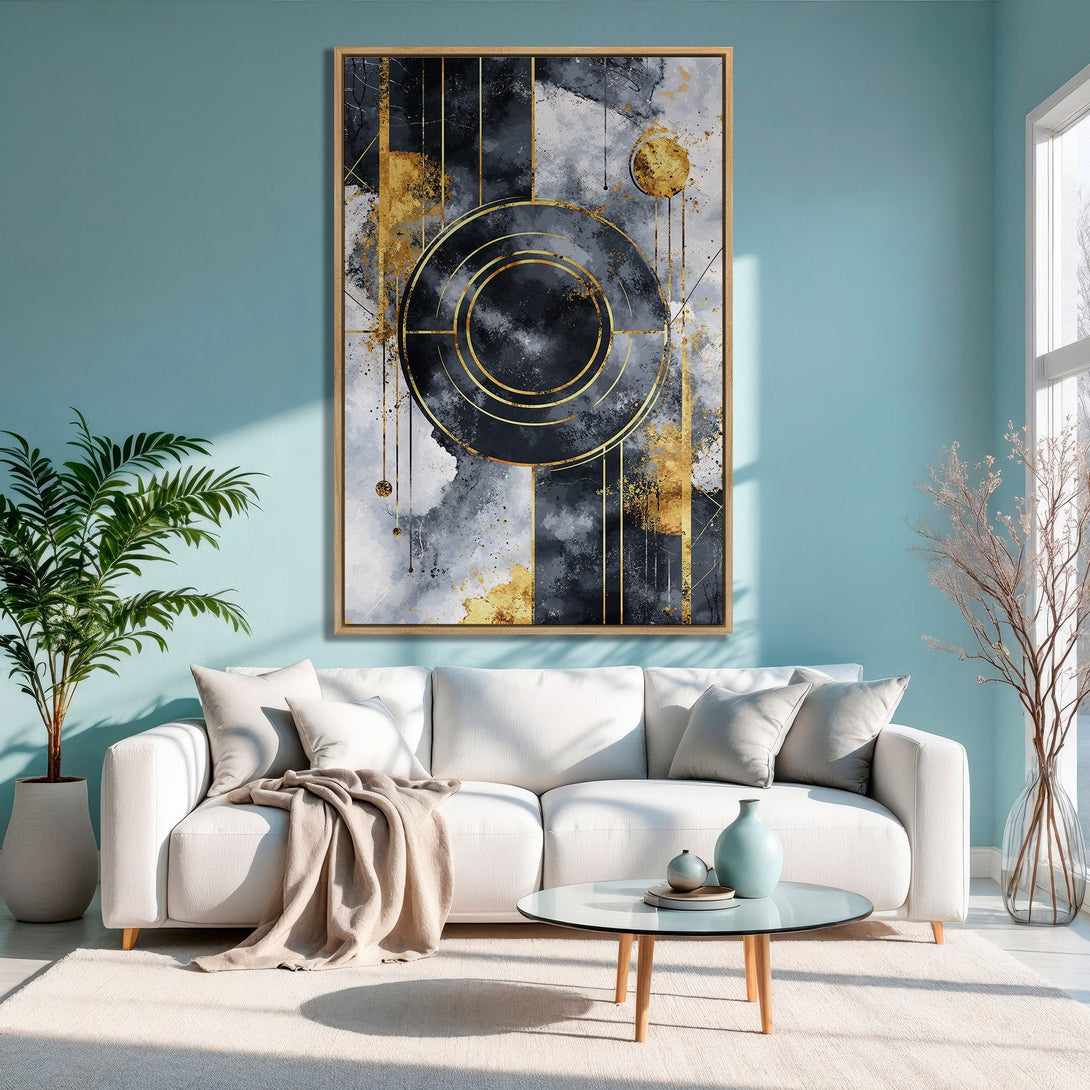Framed Wall Art featuring an abstract geometric design in black, gold, and gray tones. Modern art piece perfect for living room decor.