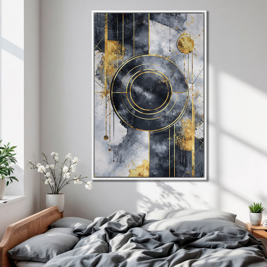 Framed Wall Art: Abstract geometric art in navy, gray, and gold. Modern canvas print adds a touch of elegance to any bedroom decor.