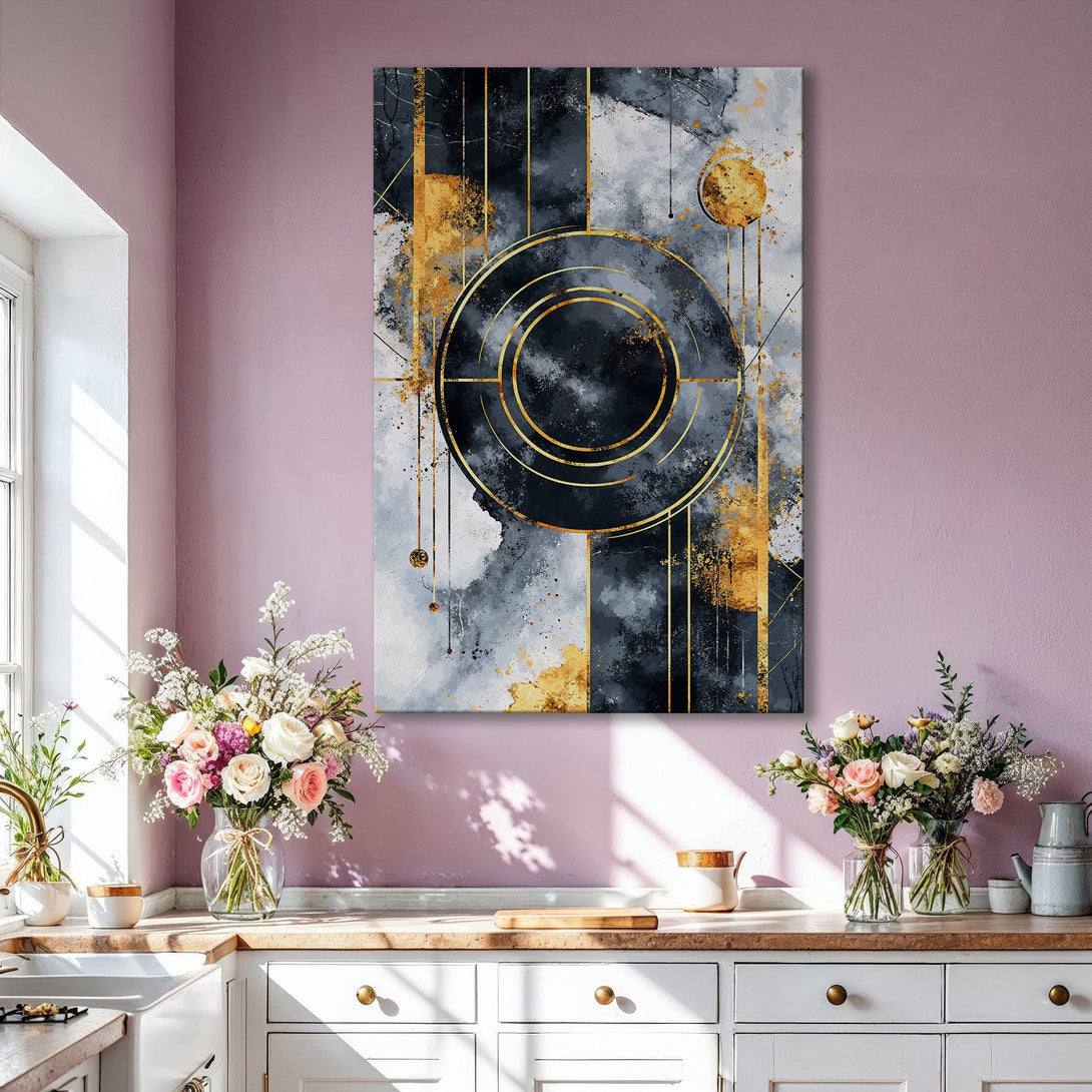 Framed Wall Art: Modern abstract art in gold, navy, and gray tones. Stylish Canvas Print adds a touch of elegance to any living room. Shop now!