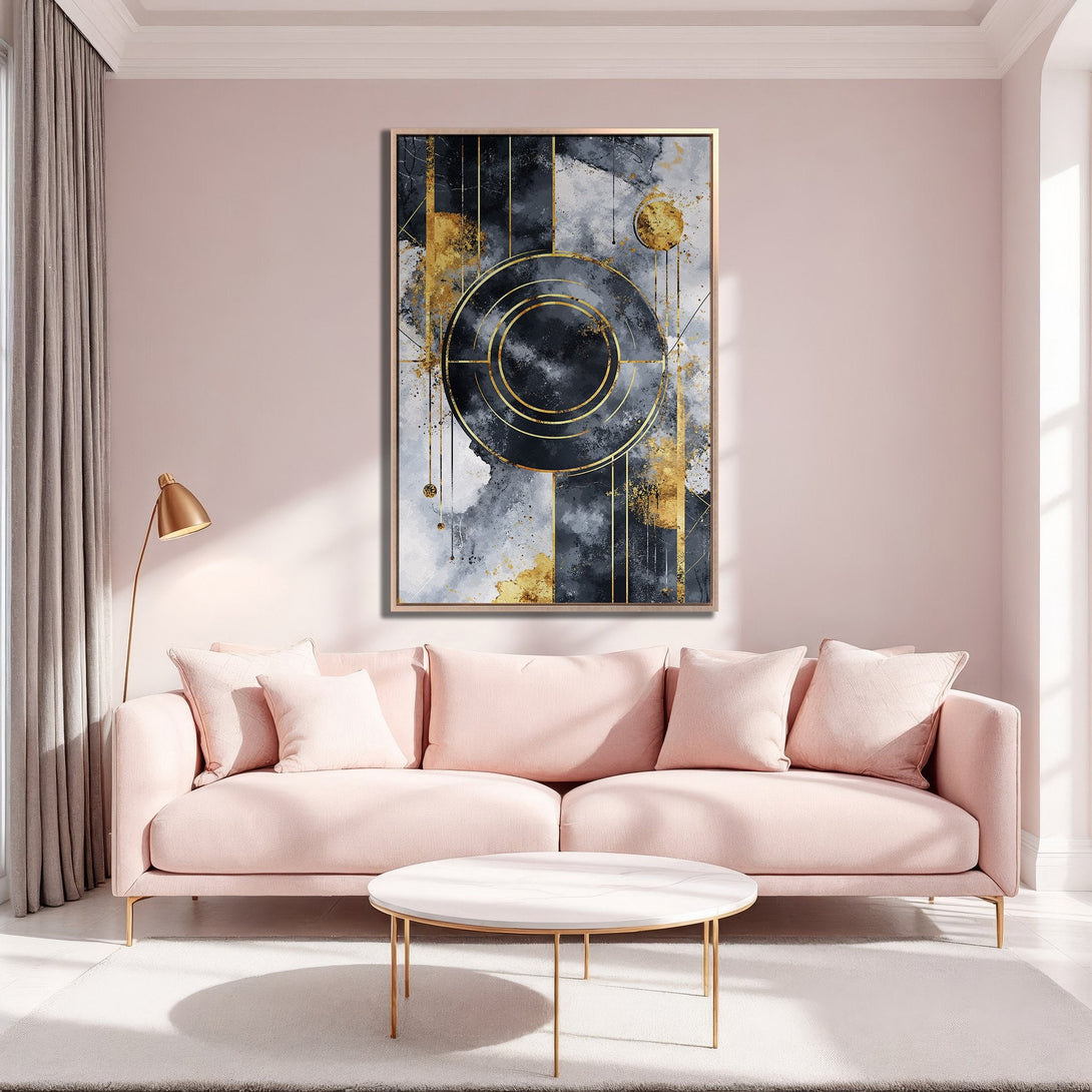 Framed Wall Art: Abstract geometric design in black, gold, and gray. Modern Canvas Print adds a touch of elegance to any interior.