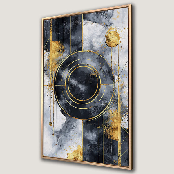Framed Wall Art: Abstract geometric Canvas Print in black, gold, and gray. Modern art for home decor, featuring a stylish, contemporary design.