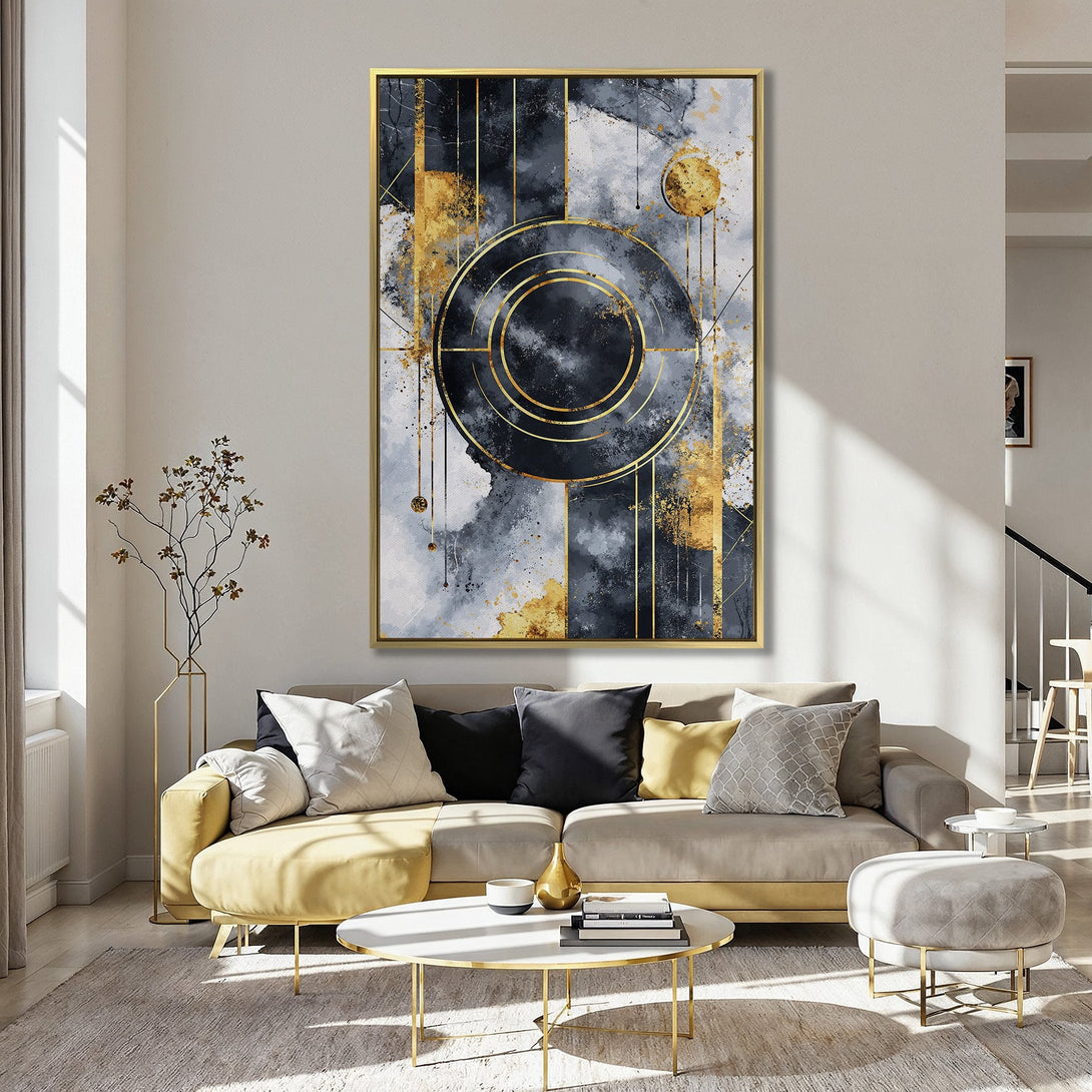 Abstract Canvas Print art in a modern kitchen. Features a geometric design with gold accents on a navy, gray, and white background. Perfect wall decor!
