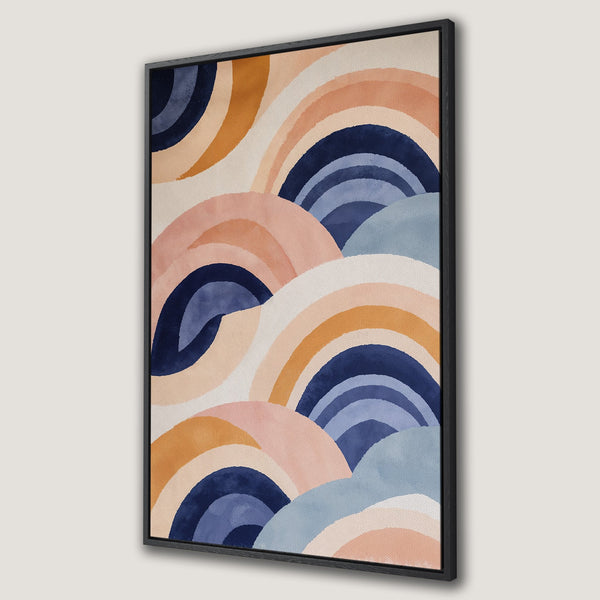 Framed Wall Art featuring an abstract watercolor design in a calming palette of blues, pinks, and oranges. Modern art for your home decor.