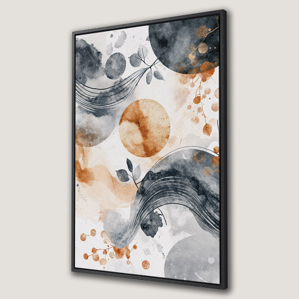 Framed Wall Art featuring abstract watercolor art with navy, rust, and neutral tones. Modern canvas print perfect for any home decor style.