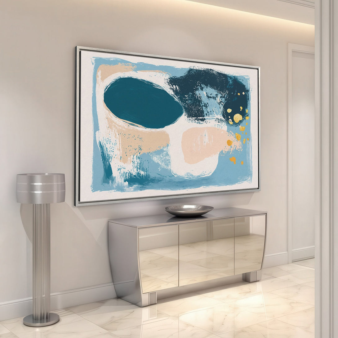 Framed Wall Art: Modern abstract canvas print in teal, blue, and gold. Perfect for adding a touch of elegance to any space. Shop now and elevate your decor!