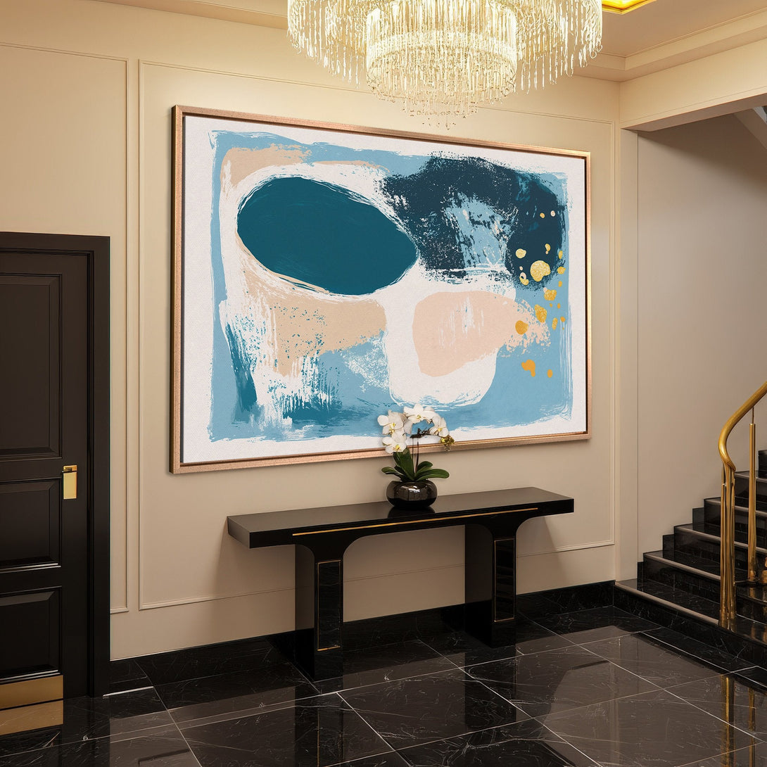 Framed Wall Art in a luxury interior. Abstract art with teal, blush, and gold accents. Modern canvas print for elegant home decor.