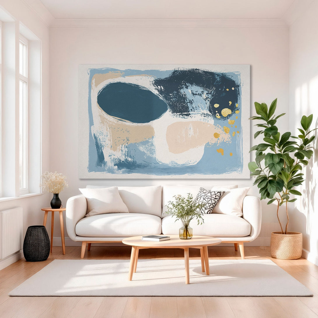 Framed Wall Art: Abstract canvas print in blue, beige, and gold. Modern art for your home. Enhance your decor with this stylish piece.