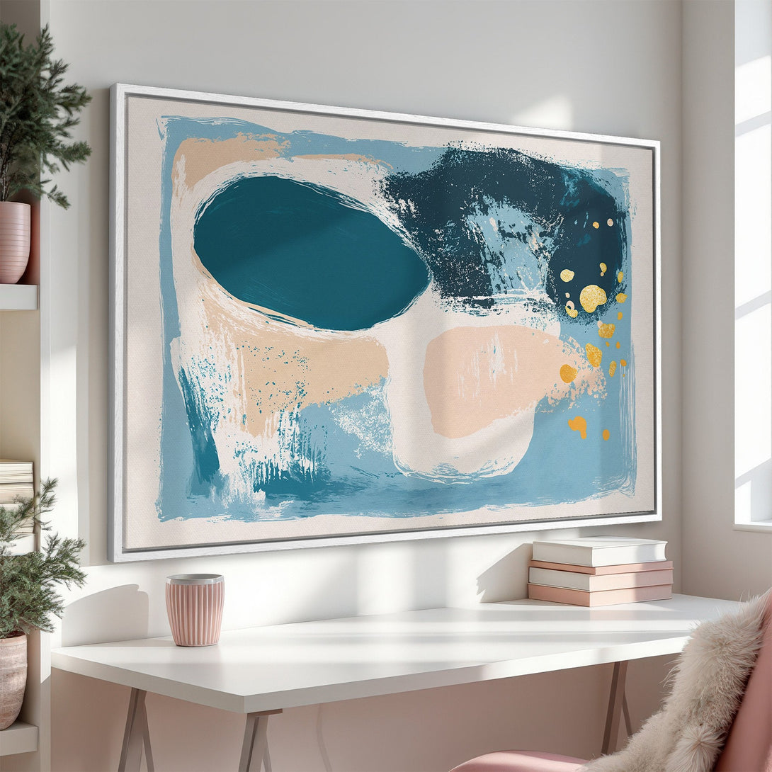 Framed Wall Art: Abstract art Canvas Print in blue, beige, and gold tones. Modern style art piece perfect for home decor.
