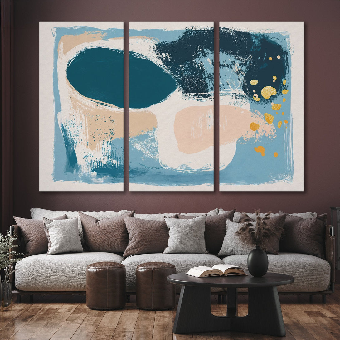 Abstract Canvas Print art in blue, beige, and gold. Modern brushstroke style wall art for living room decor.