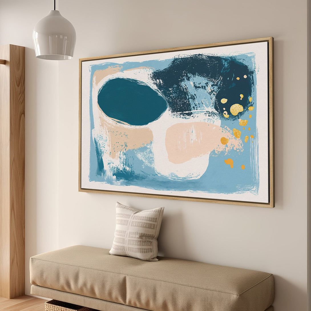 Abstract Canvas Print in blue, teal, blush, and gold. Modern art for home decor. Framed wall art for living rooms and bedrooms.