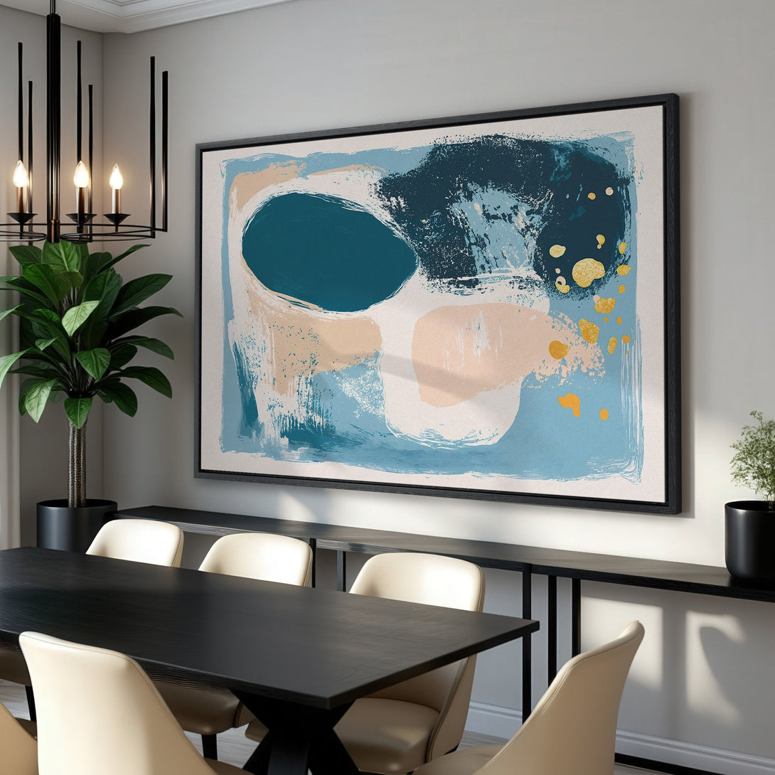 Abstract Canvas Print in a modern dining room. Features blue, teal, and beige brushstrokes with gold accents. Perfect wall art for any space.