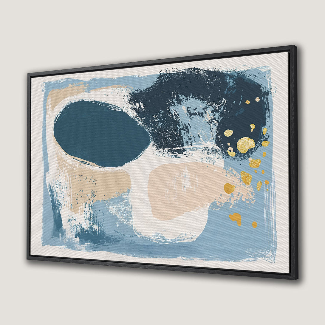 Abstract Canvas Print featuring a modern brushstroke design in blue, beige, and gold. Perfect wall art for your home decor!
