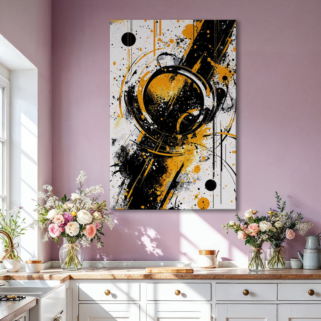 Framed Wall Art: Abstract art print in black, gold, and white. Modern art canvas print displayed in a stylish living room interior.