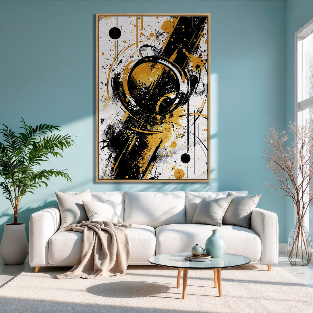 Framed Wall Art: Abstract black, gold, and white art canvas print. Modern decor with a splash of color in a stylish living room setting.
