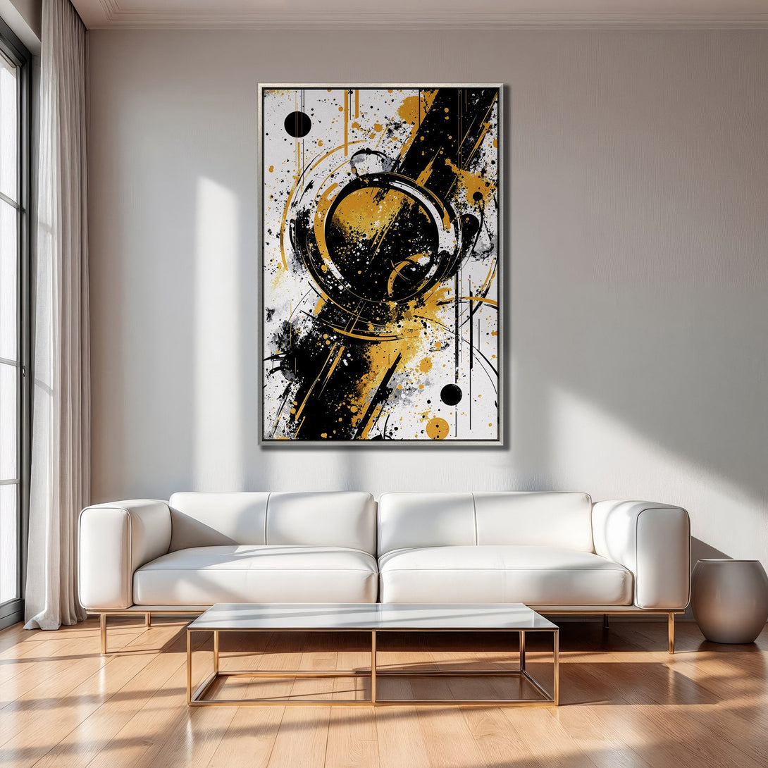 Framed Wall Art: Abstract black, gold, and white canvas print. Modern art for living room. Elevate your space with this striking piece.