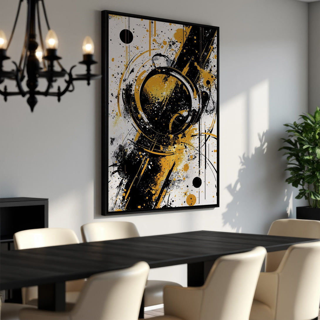 Framed Wall Art: Abstract art Canvas Print in black, gold, and white. Modern art for dining room decor. Shop now!