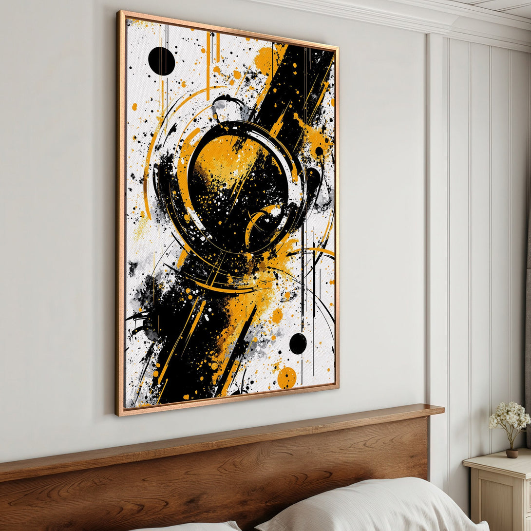 Framed Wall Art: Abstract art print with black, yellow, and white splatter design. Modern canvas art for home decor.