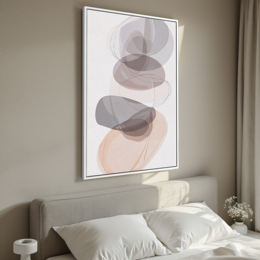 Framed Wall Art featuring abstract art in neutral tones of gray and peach. Modern canvas print for bedroom decor.
