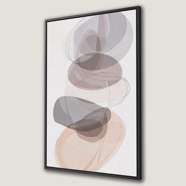 Framed Wall Art featuring an abstract design of layered shapes in neutral tones. Modern art with a minimalist style and a soft, warm color palette.