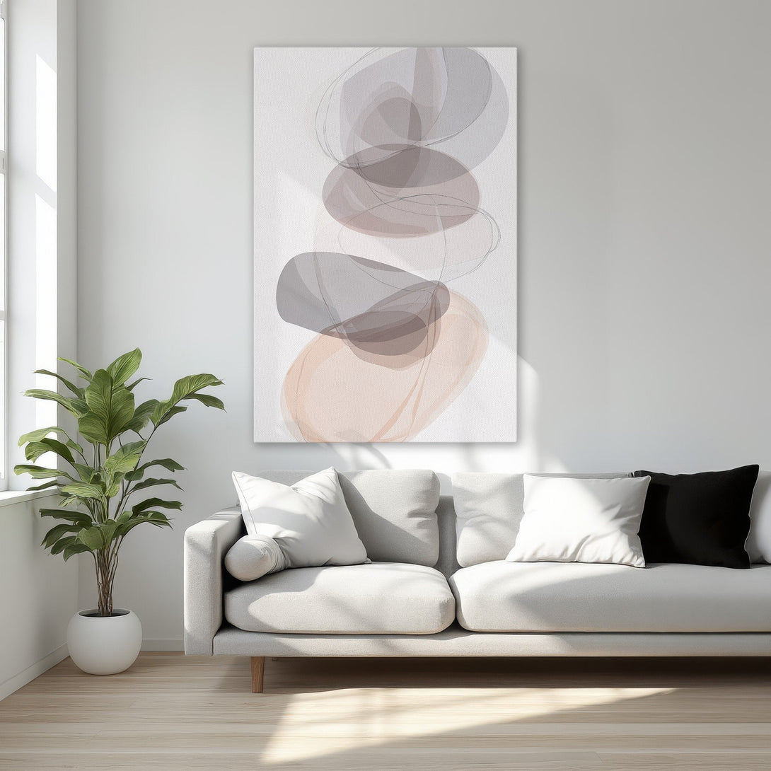 Framed Wall Art: Abstract art Canvas Print in neutral tones. Modern, minimalist style with soft gray, beige, and peach color palette. Perfect bedroom decor.