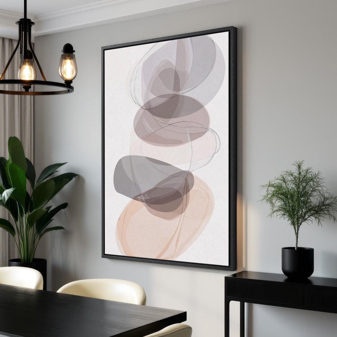 Framed Wall Art featuring abstract shapes in a neutral color palette. Modern art for your home, perfect for adding a touch of elegance to any space.