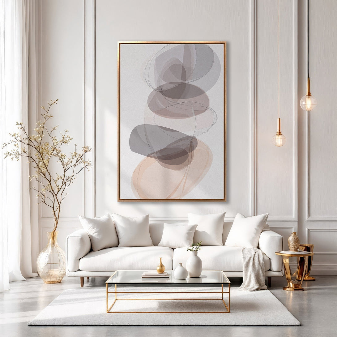 Abstract Canvas Print in a modern living room. Features a neutral color palette with gray, beige, and gold accents. Perfect for minimalist decor.