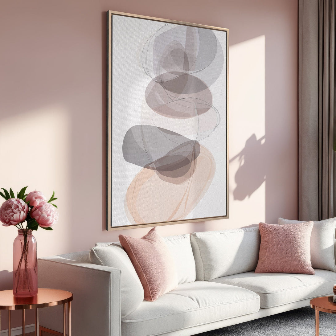 Framed Wall Art: Abstract art print in neutral tones. Modern living room decor with blush pink and gray color palette. Shop stylish wall art today!