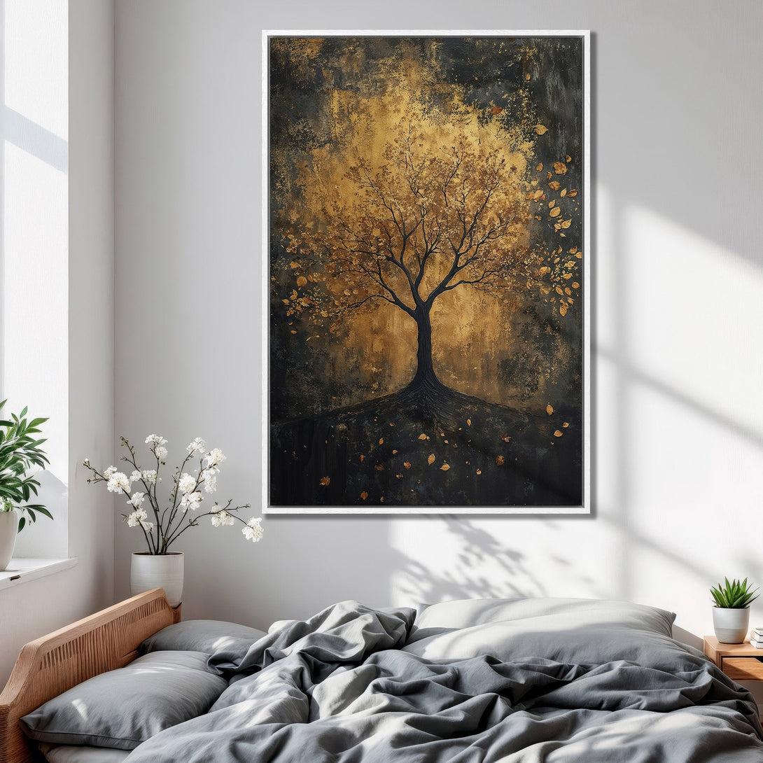 Framed Wall Art: Abstract tree painting in gold and black. Modern art canvas print for bedroom decor, featuring a warm, neutral color palette.