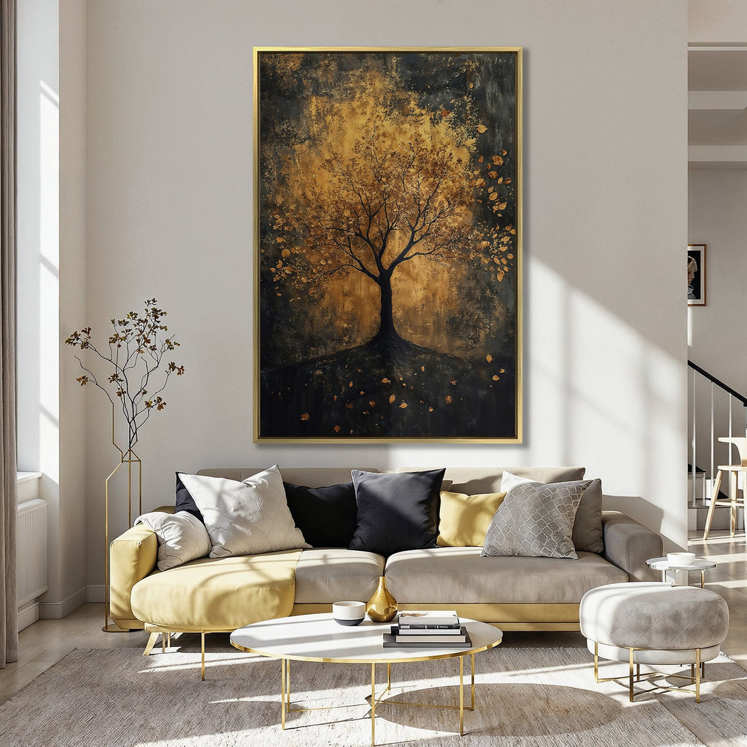 Canvas Print: Abstract tree art in gold and black tones. Modern wall decor for your home.