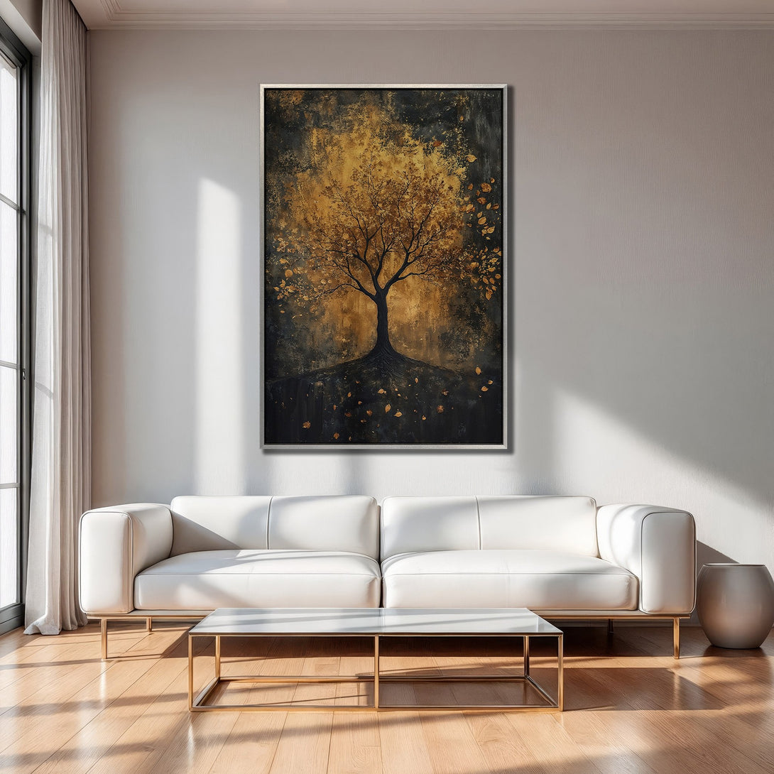 Framed Wall Art: Abstract tree art with gold and black tones. Modern canvas print adds elegance to any living room. Shop now!