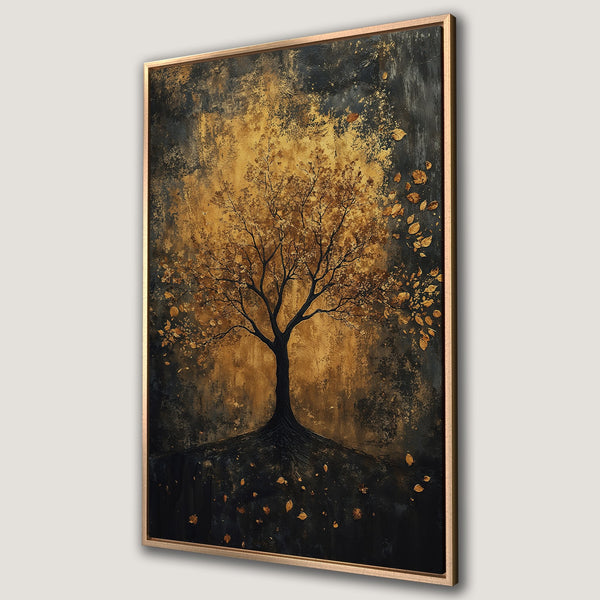 Framed Wall Art Canvas Print of a golden tree against a dark, textured background. Abstract style, warm gold and black color palette. Perfect for home decor.