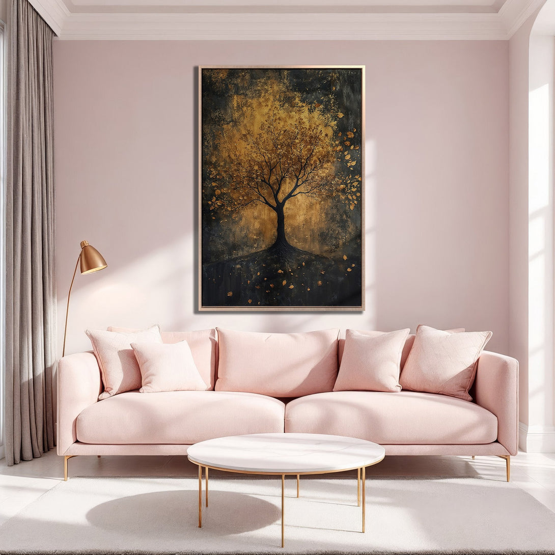 Framed Wall Art of a golden tree against a dark background. Abstract style, warm gold and black palette. Perfect for living room decor.