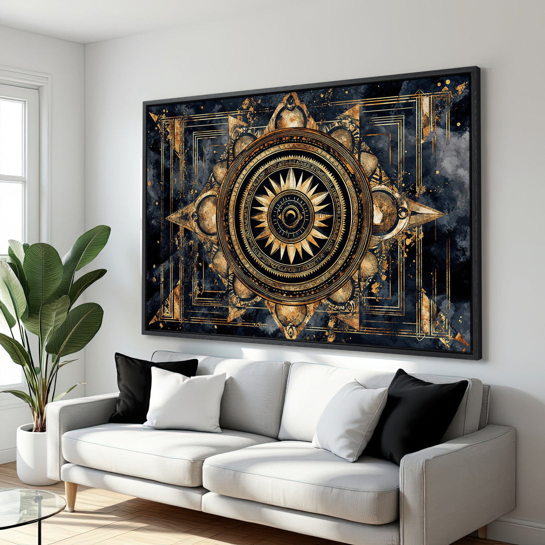 Framed Wall Art: Stunning gold and navy mandala canvas print. Modern, geometric style with a luxurious, elegant color palette. Perfect for home decor.