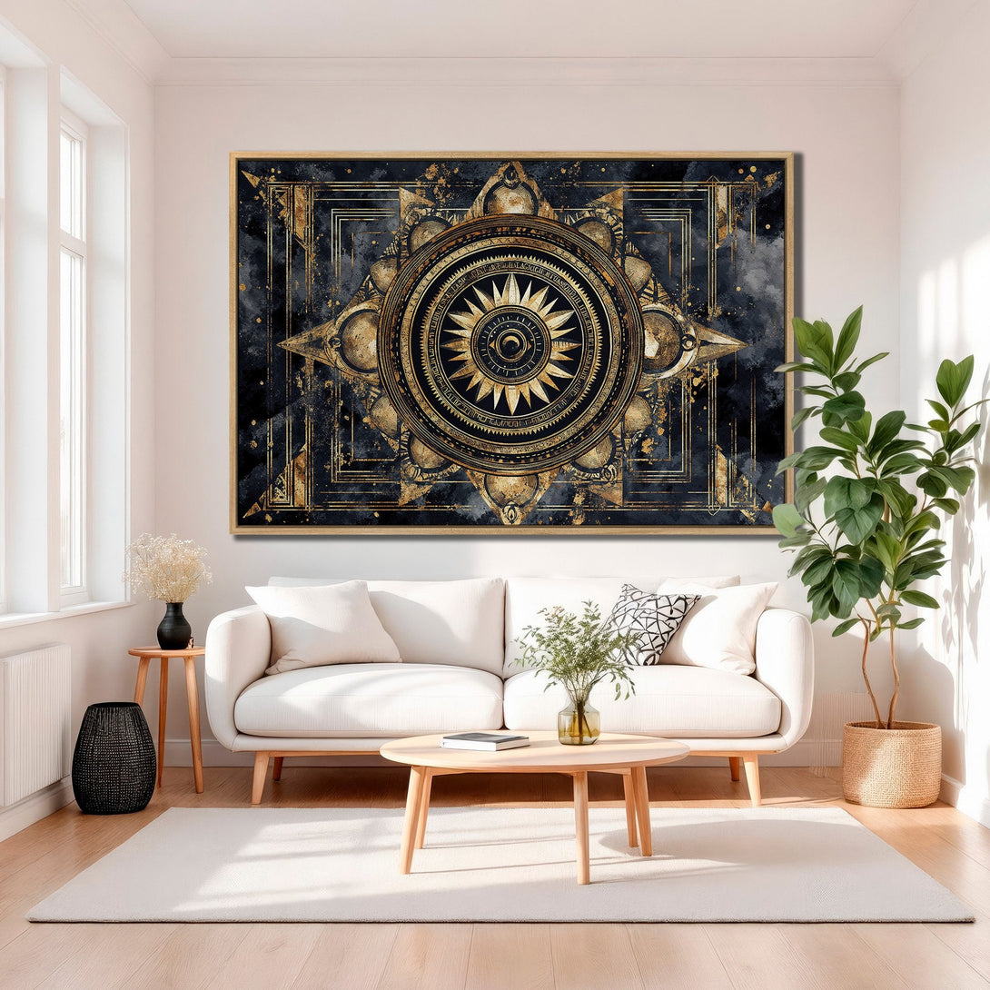 Framed Wall Art: Celestial mandala canvas print in gold and navy blue. Modern, geometric design adds a touch of luxury to any living room. Shop now!