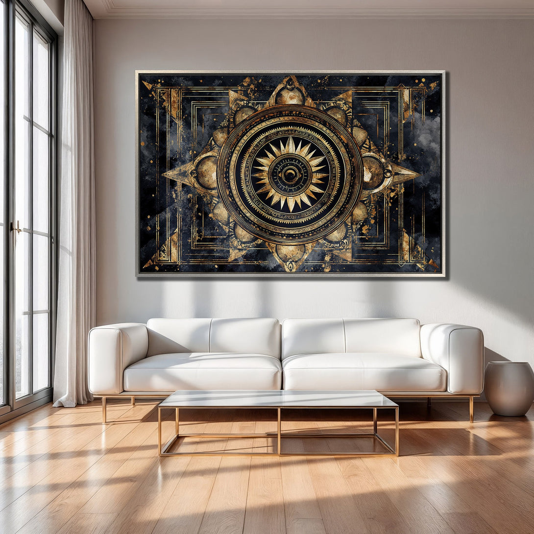 Framed Wall Art: Abstract gold and black compass design Canvas Print, perfect for modern home decor. Dramatic style with a luxurious color palette.