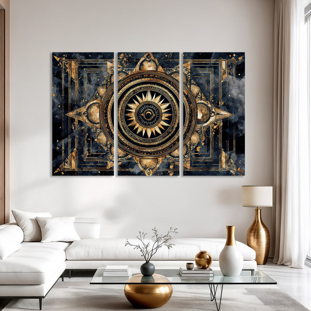 Canvas Print featuring a gold and navy geometric design. Modern art style with a luxurious aesthetic, perfect for home decor.
