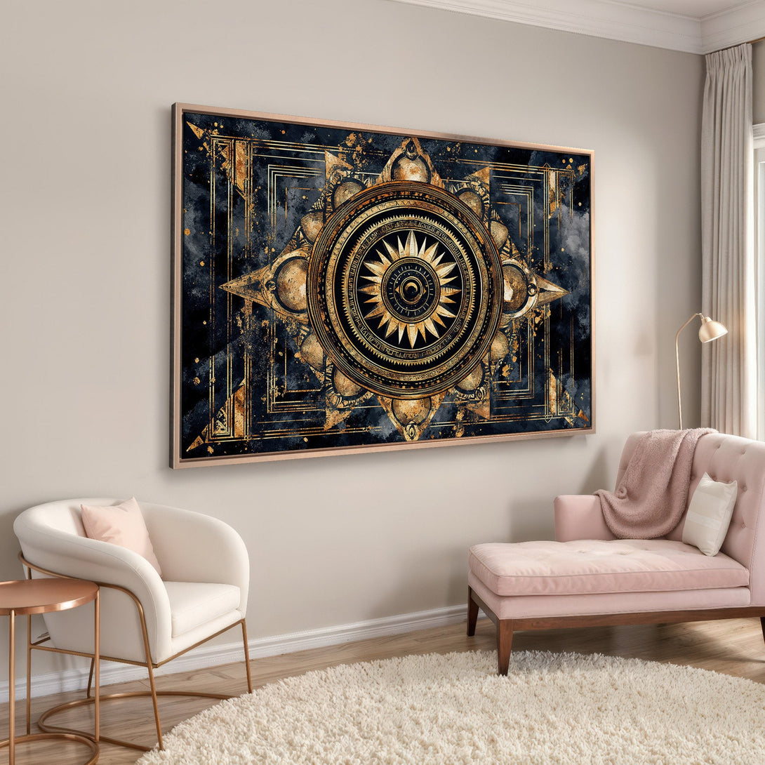 Framed Wall Art: Celestial design in gold and navy blue. Modern art print for a stylish home. Shop now for unique wall decor!